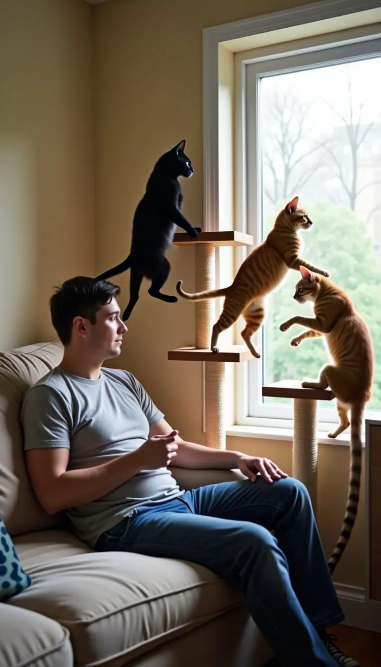 A person watches their cats play on a DIY cat wall run in a cozy living room.