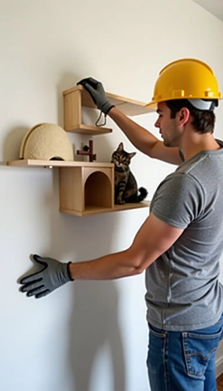 A person installing a cat wall shelf with safety gear.