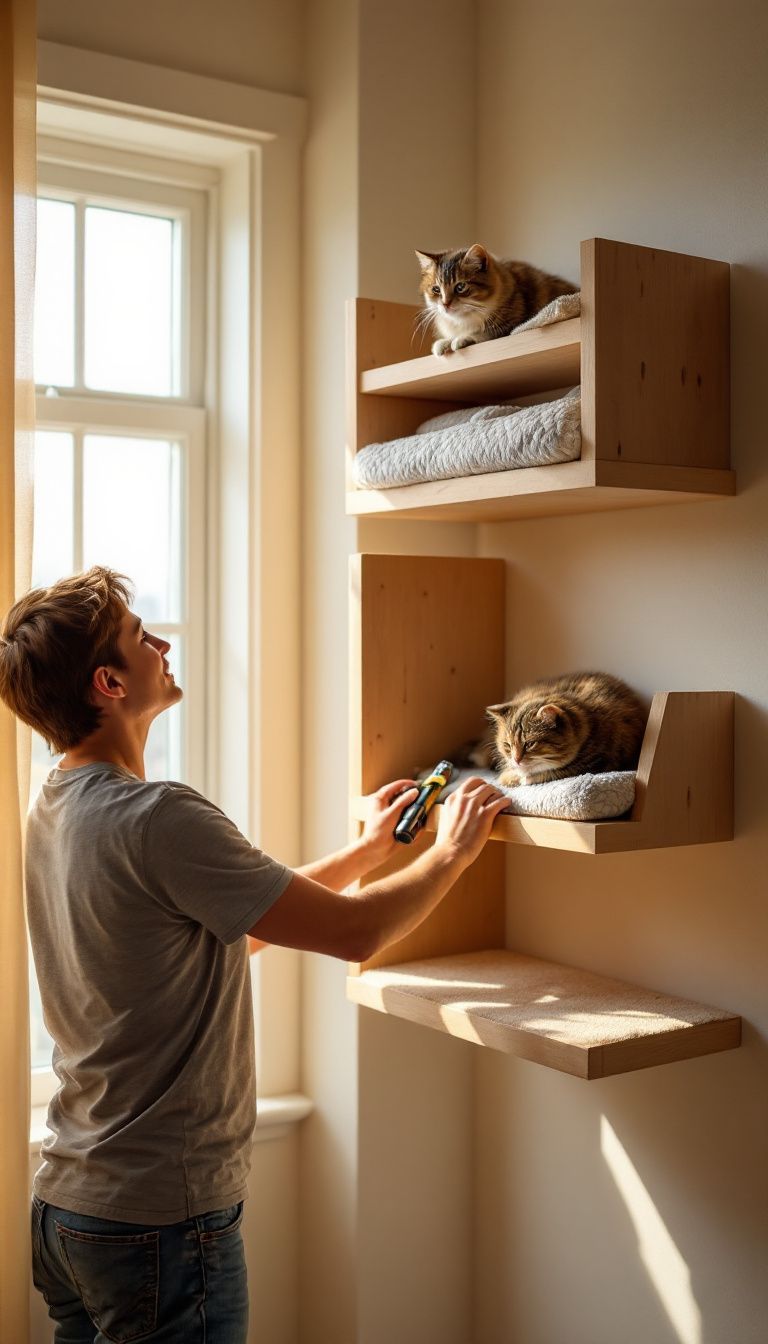 A person installing a multi-level cat wall shelf system in their home.