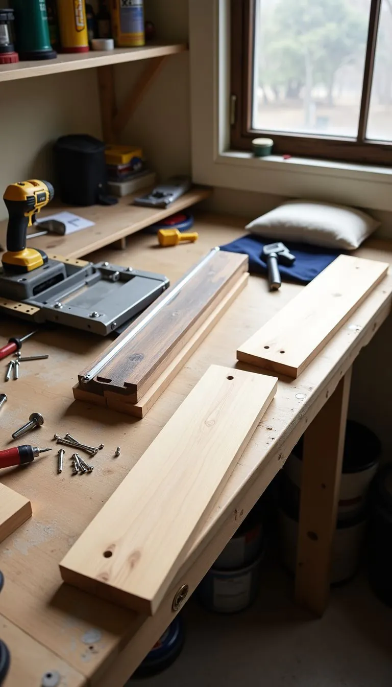 A cluttered workbench with tools and materials for a DIY cat wall perch project.