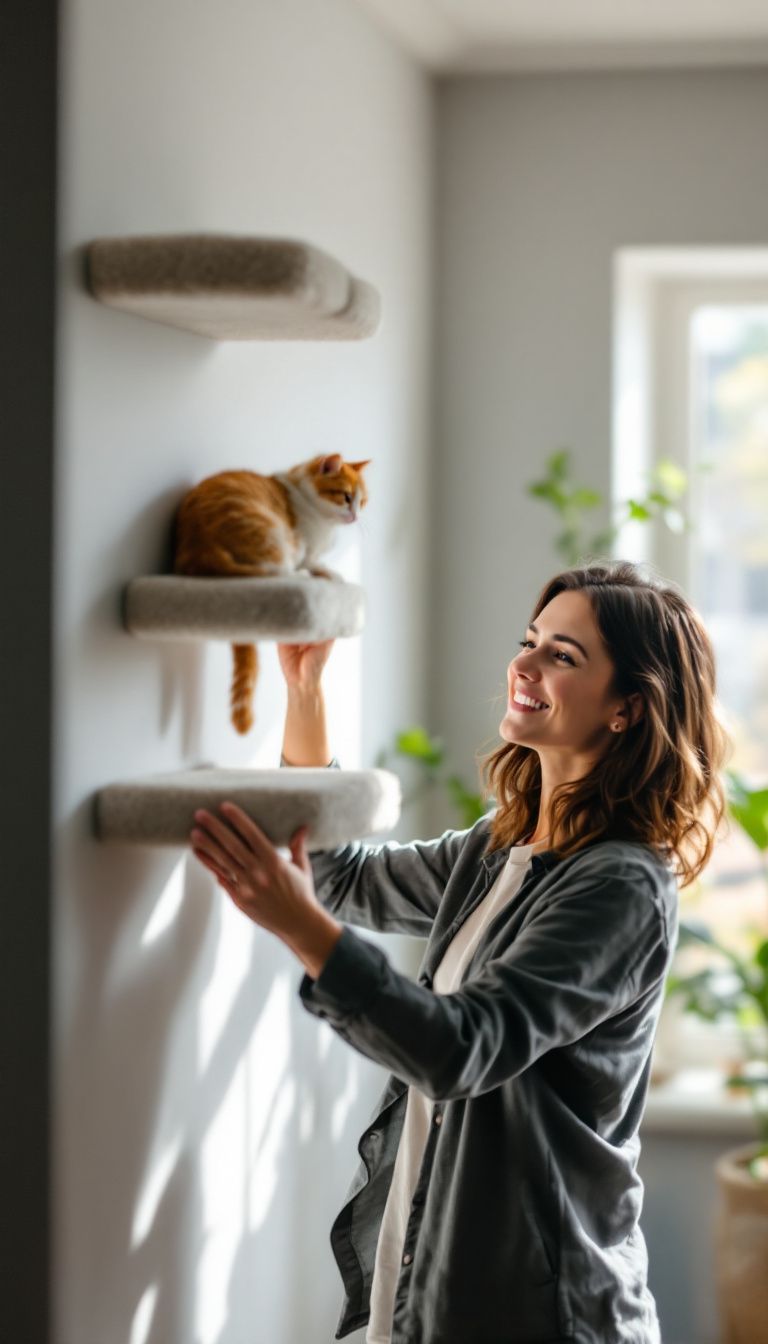 The cat owner is setting up a wall perch for their pet.