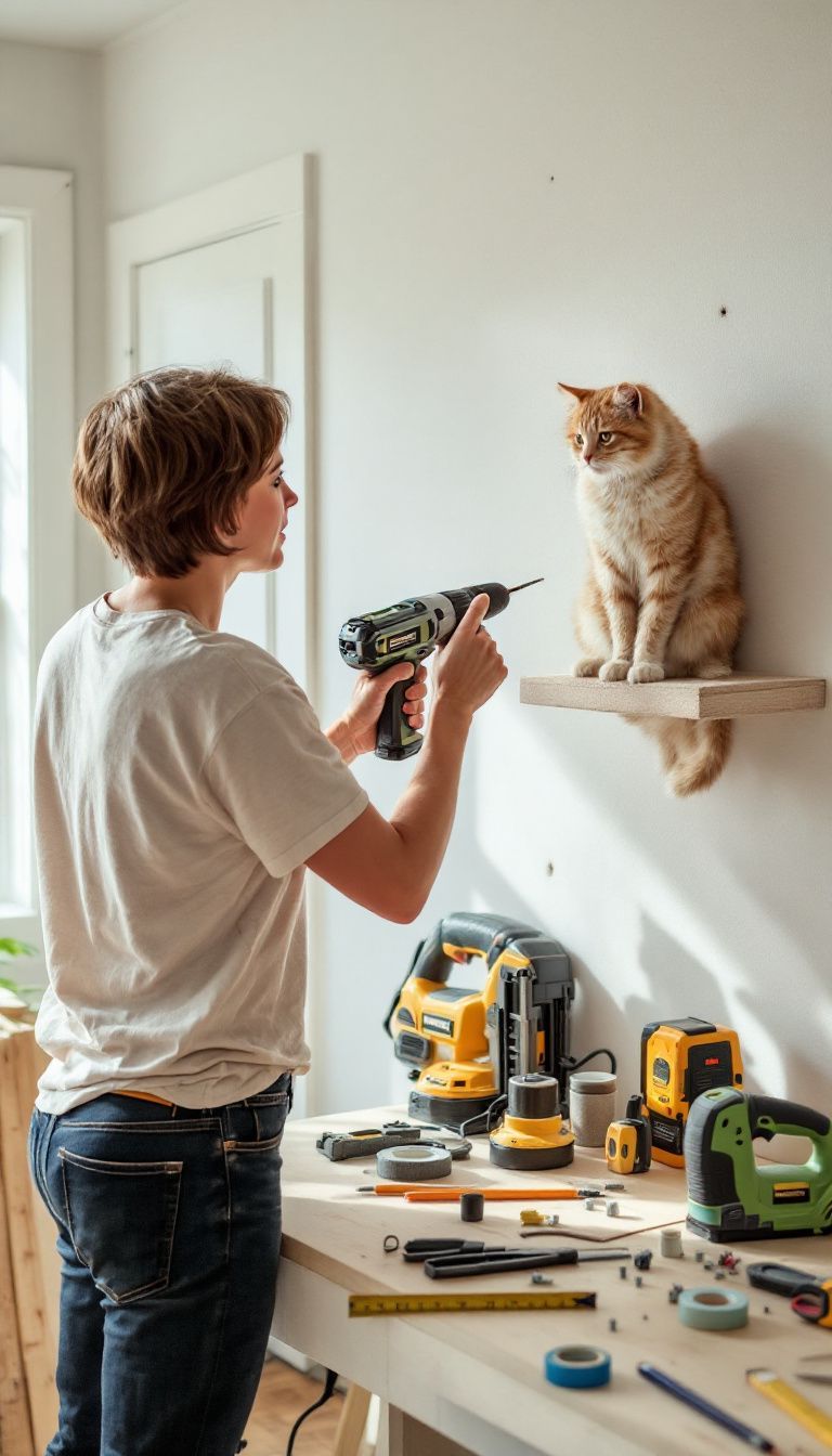 A person using tools to install a DIY cat perch on wall.