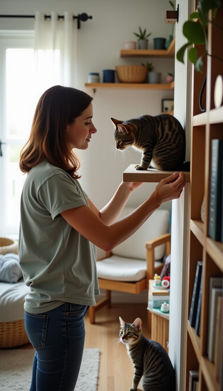 A woman assembles a cat wall perch in a cluttered living room.