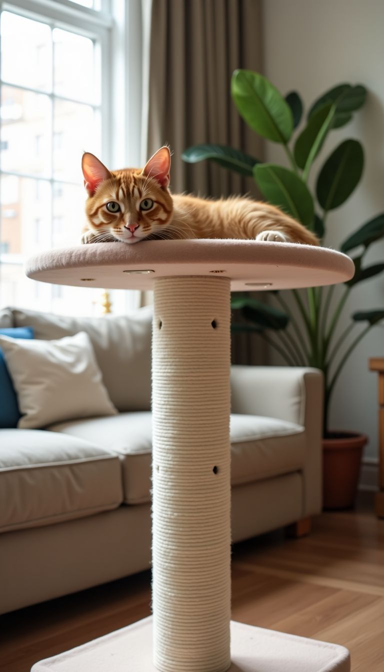A sturdy cat perch in a cozy living room.