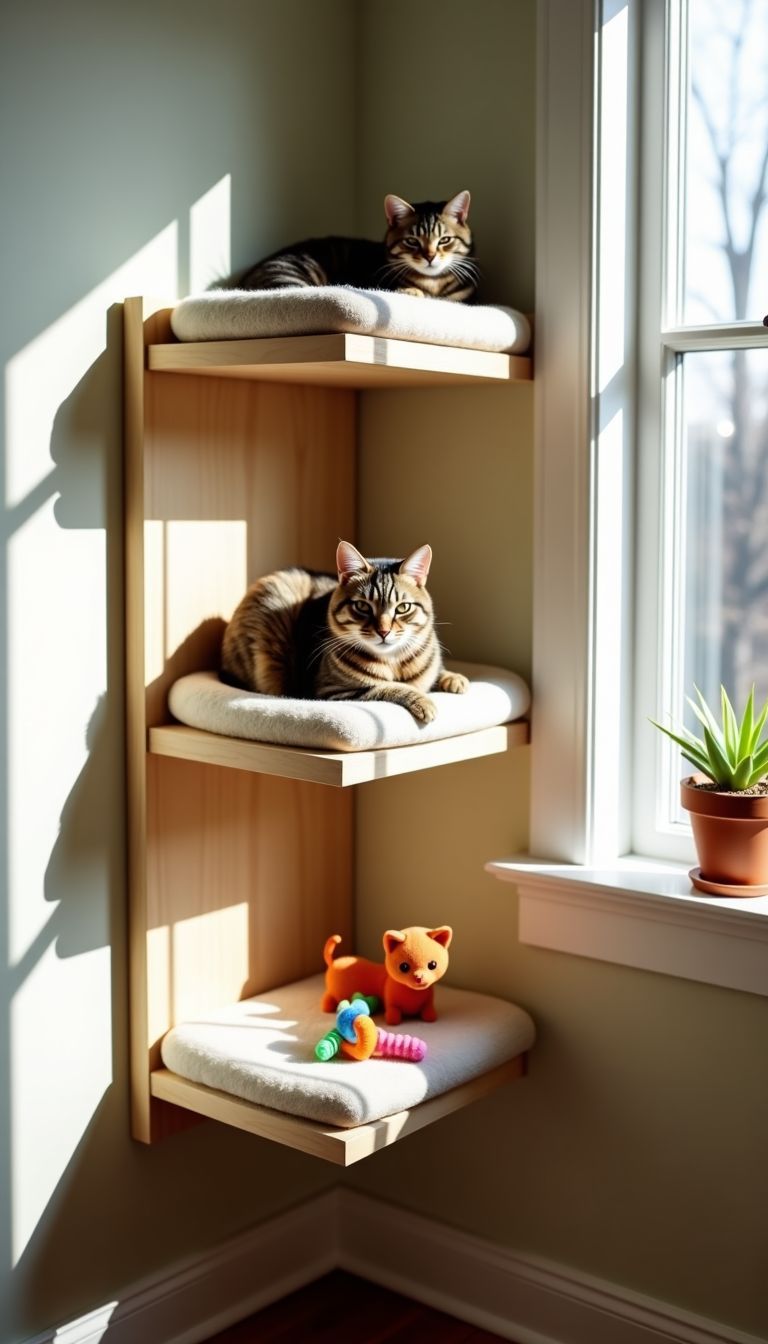 A cozy DIY cat wall perch with toys and scratching post.