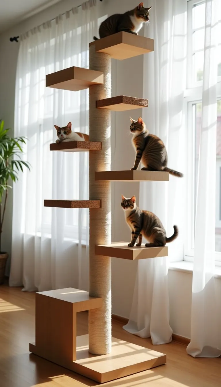 The image shows a DIY cat climbing wall in a bright room.