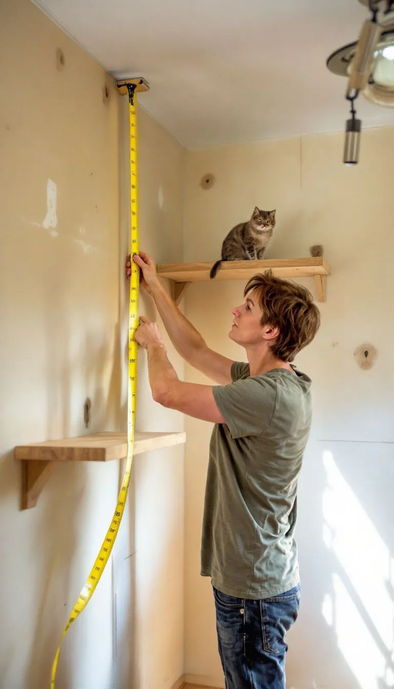 A person measures walls to plan a DIY cat climbing wall.