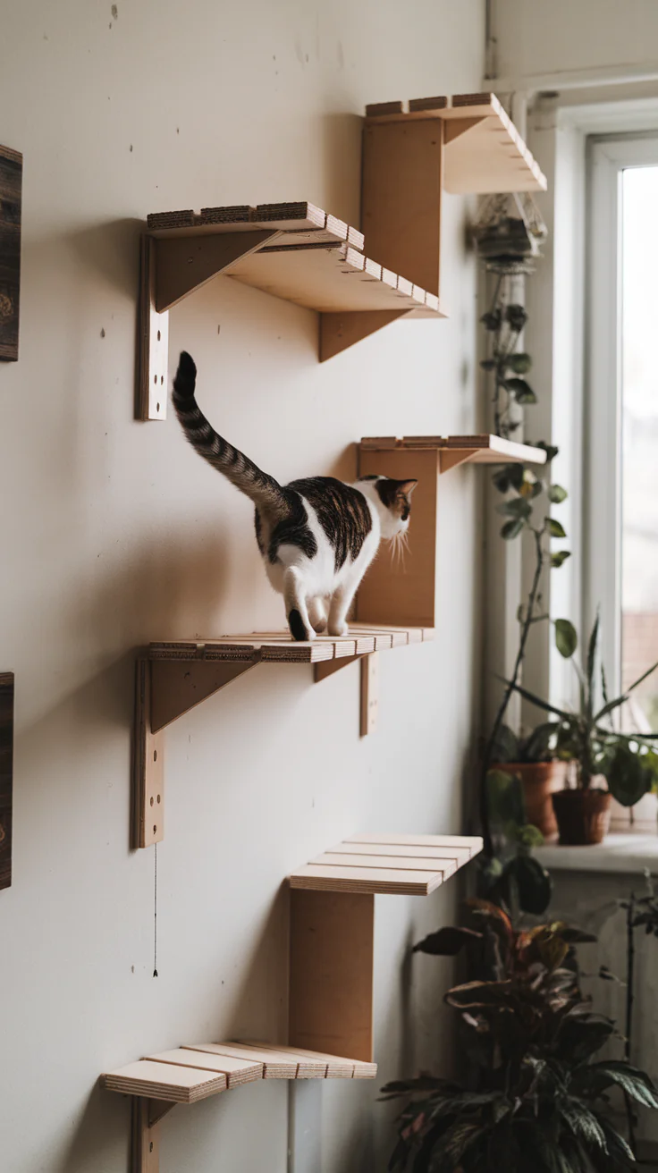 Add catwalks and wall-mounted shelves to your cat room