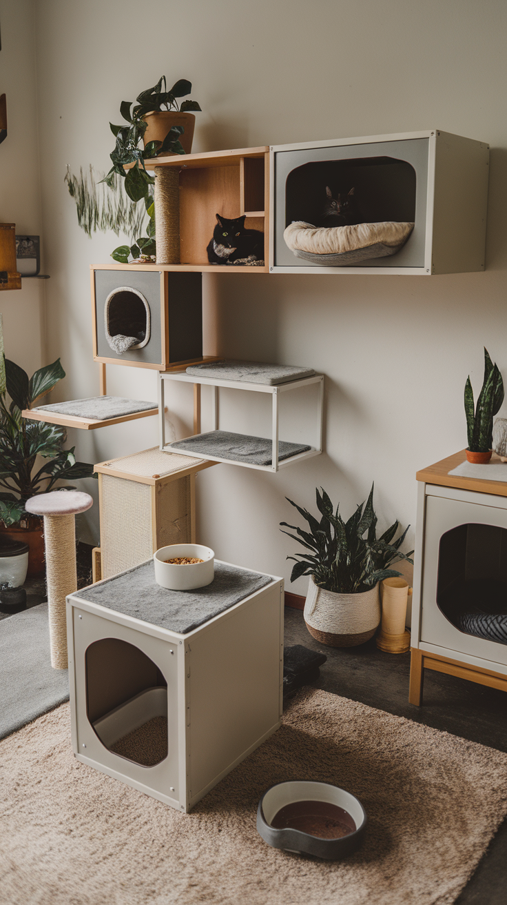 Designate areas for sleeping, eating, and litter in your cat room
