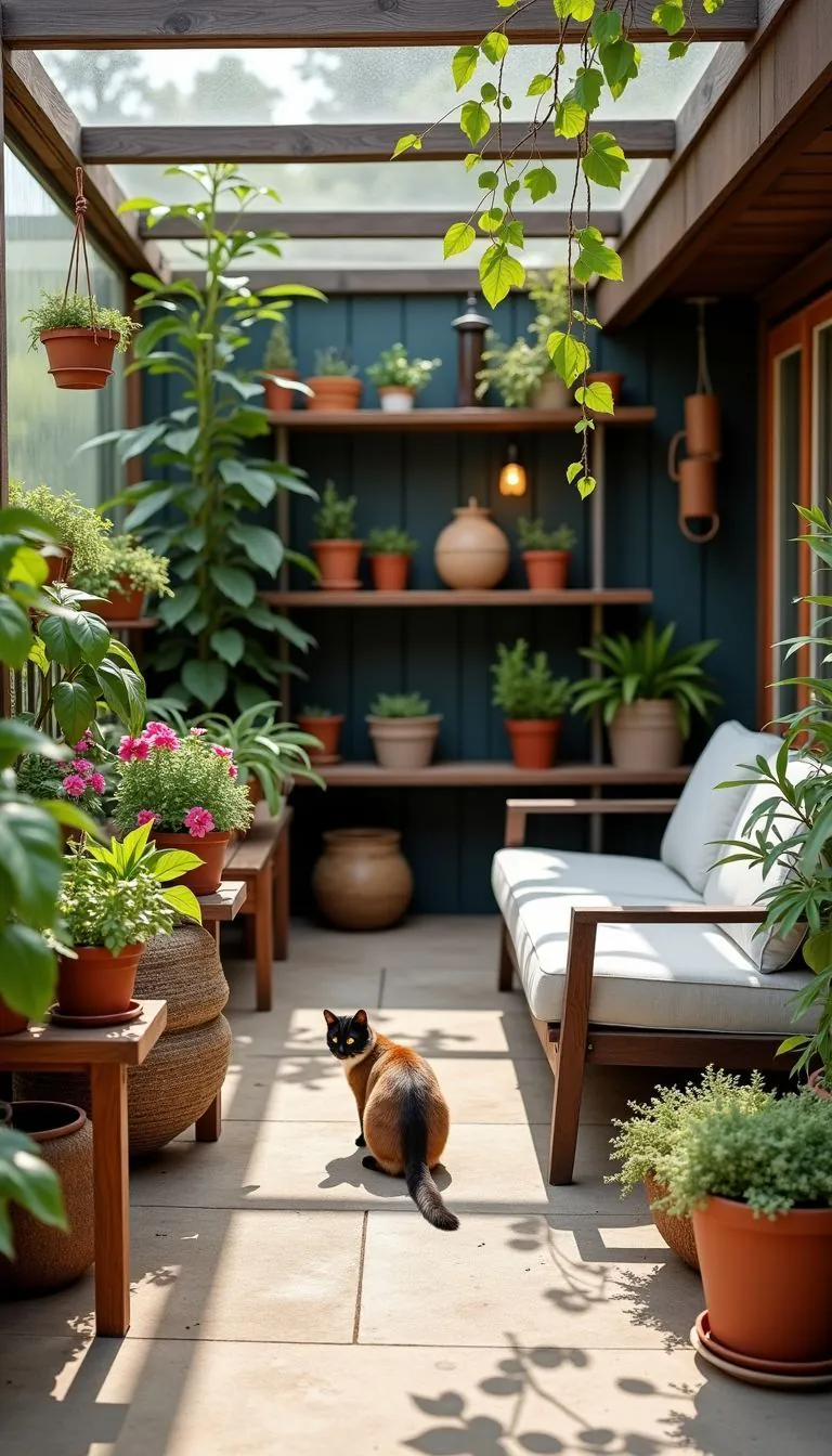 A catio with shelves, perches, plants, and toys for cats.