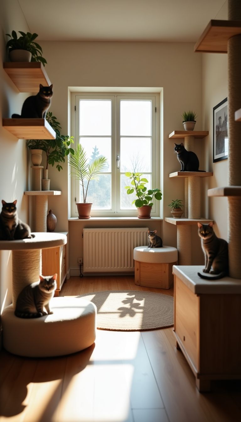 A cozy room filled with cat perches and ramps of different heights.