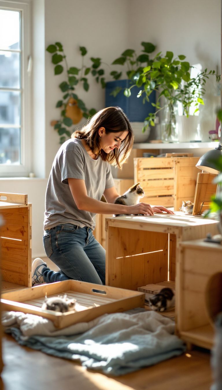 A woman creates cozy shelters and a playground for her cats.