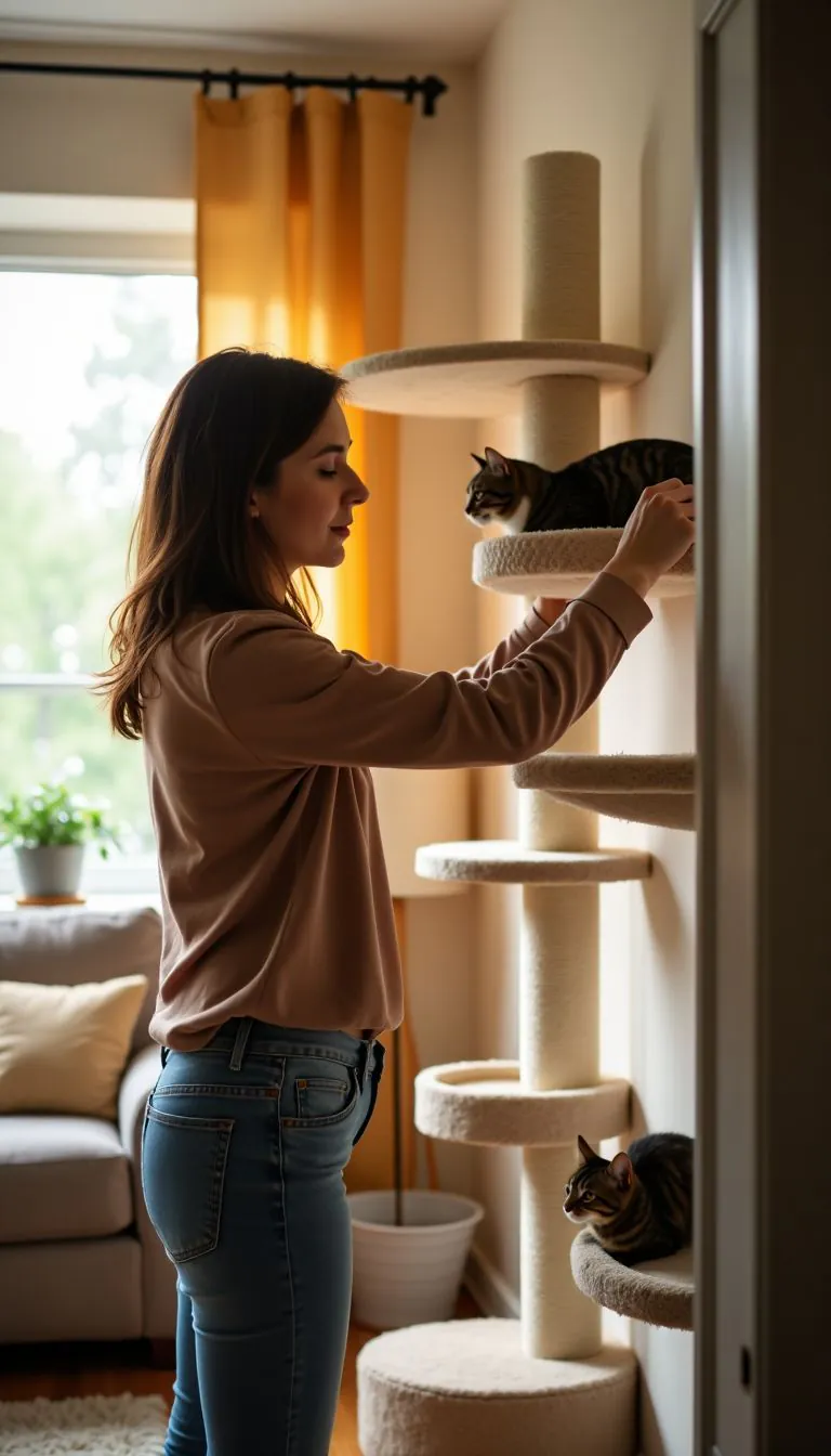 A woman assembles a DIY cat wall in her cozy living room.