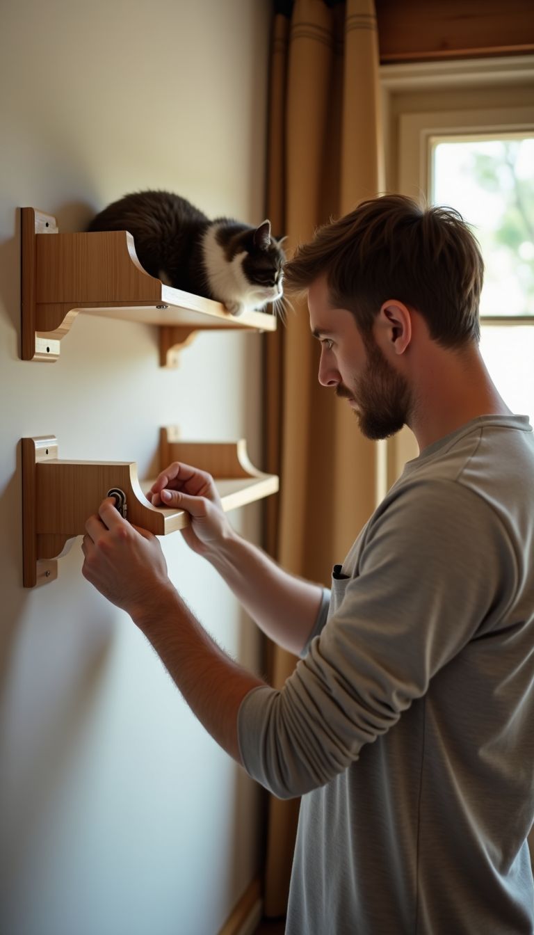A man installs a cat shelf in a cozy living room.