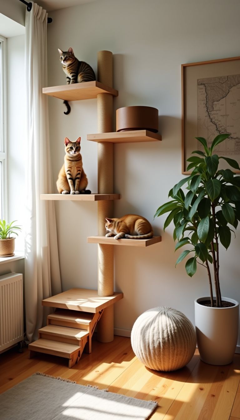 A cozy home with a DIY cat wall for playful cats.