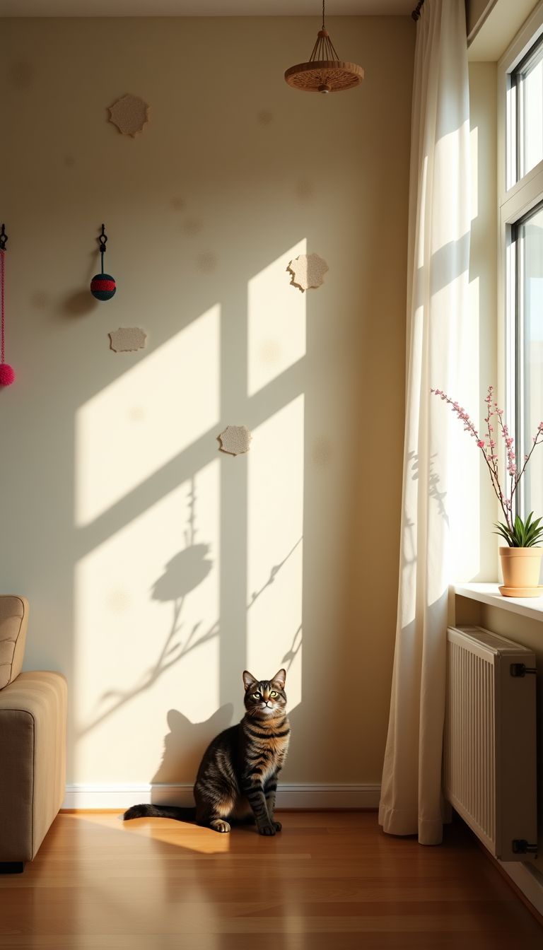 Well-loved cat wall in cozy living room needs cleaning and maintenance.