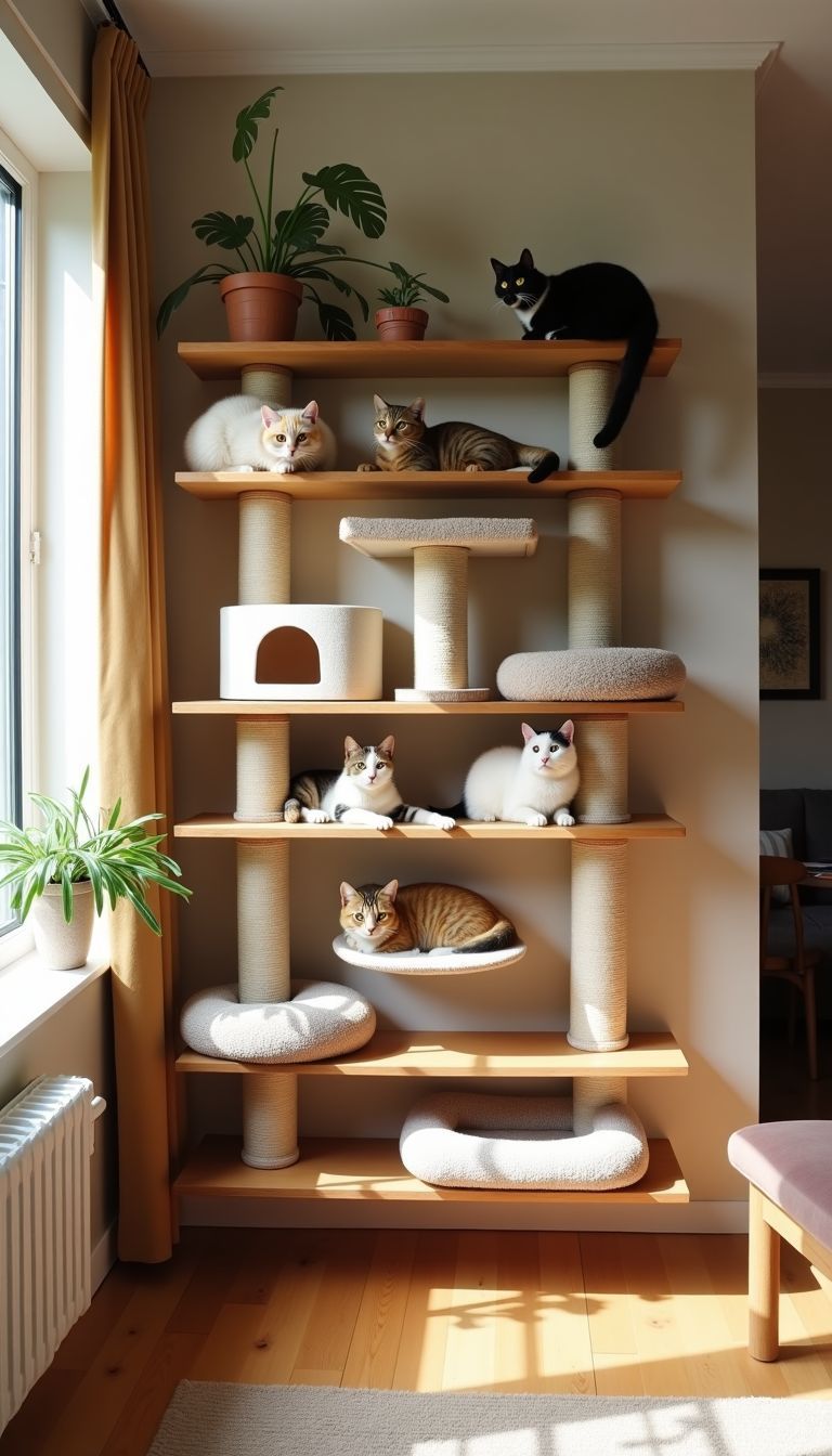 This image shows a cozy living room with a cat-friendly setup.