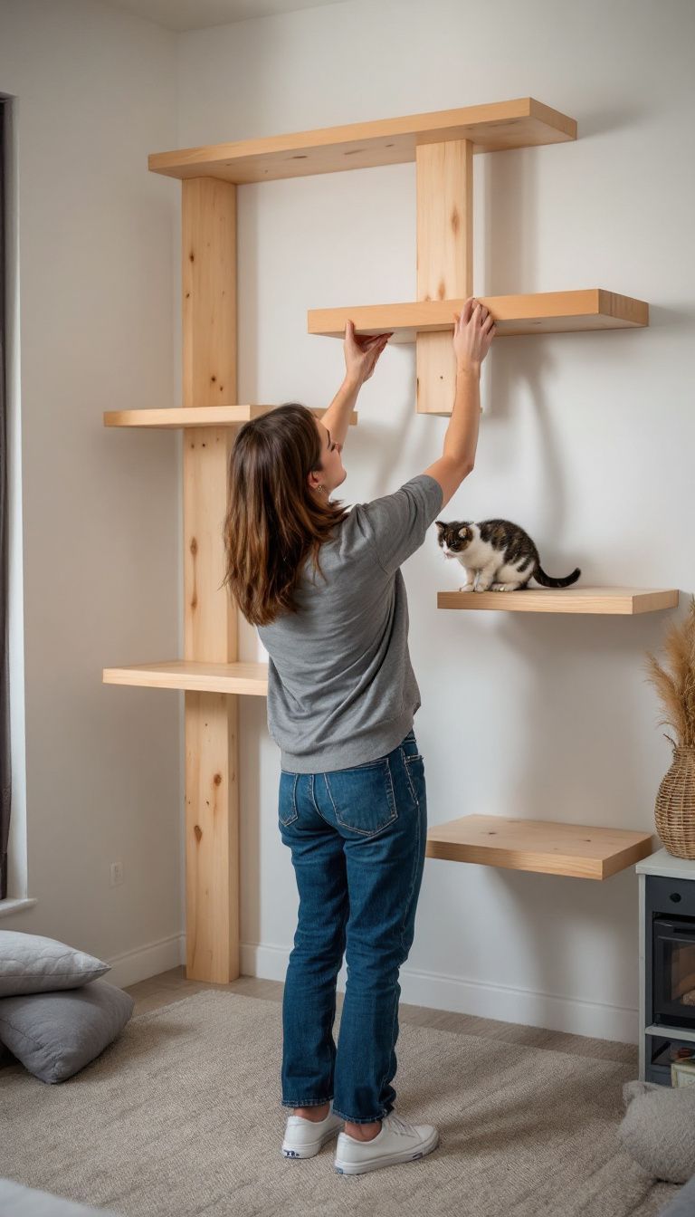 A woman in her 30s assembles a DIY cat wall in her living room.