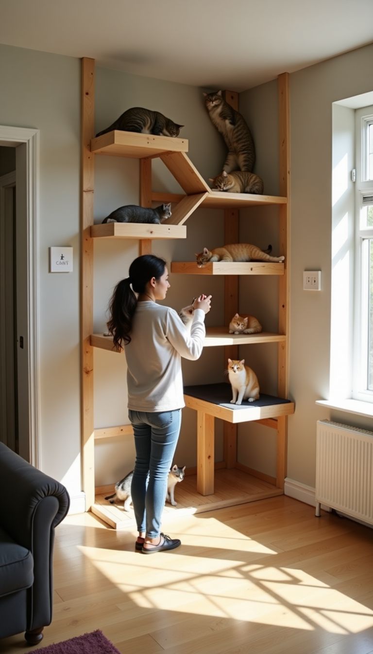 A room transformed into a cat jungle gym for playful activity.