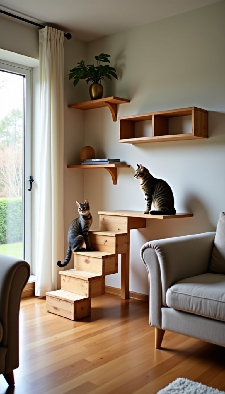 A cozy living room with cat-friendly shelves and steps.