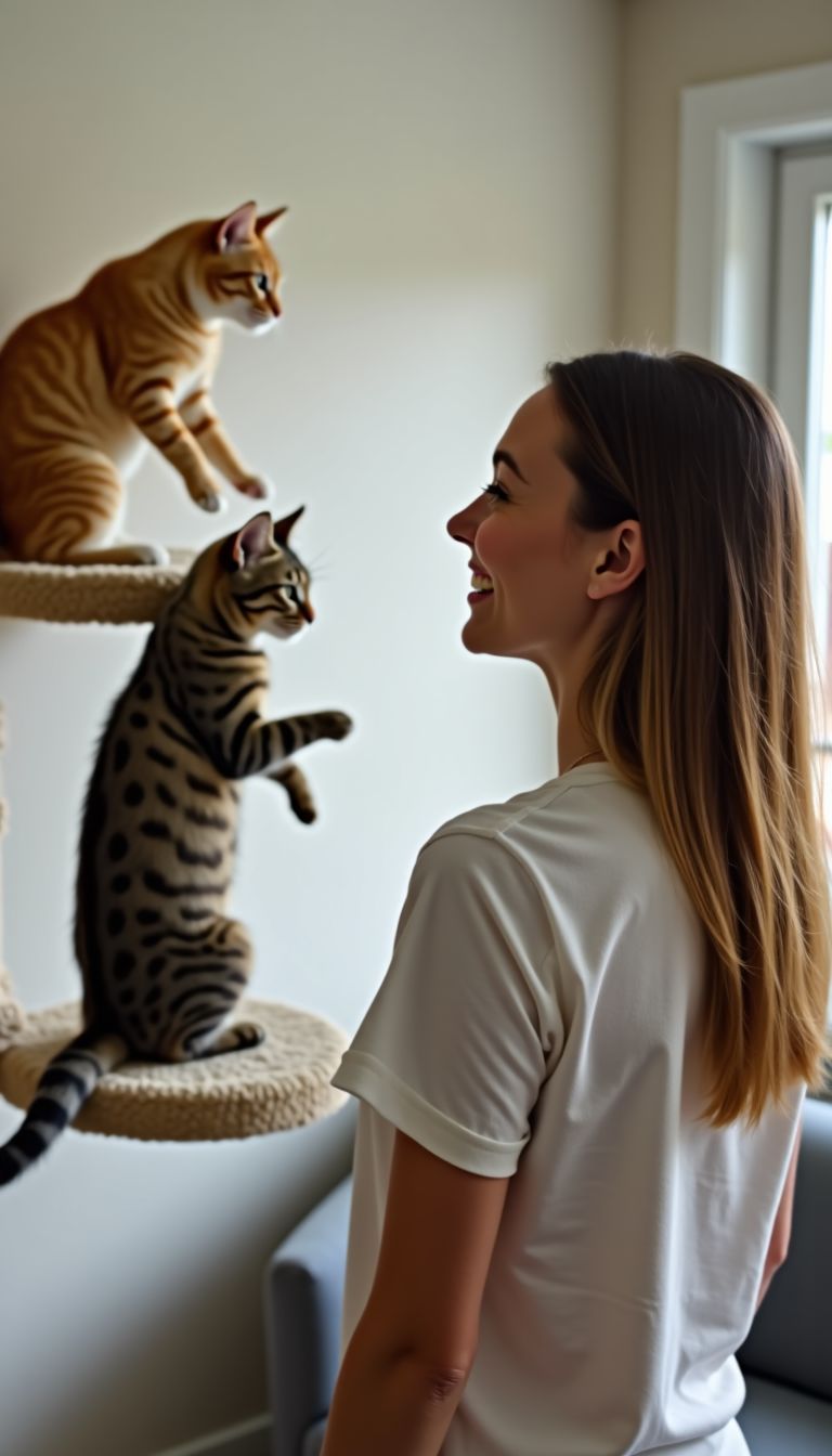 A woman watches her cats play on a cat jungle gym.