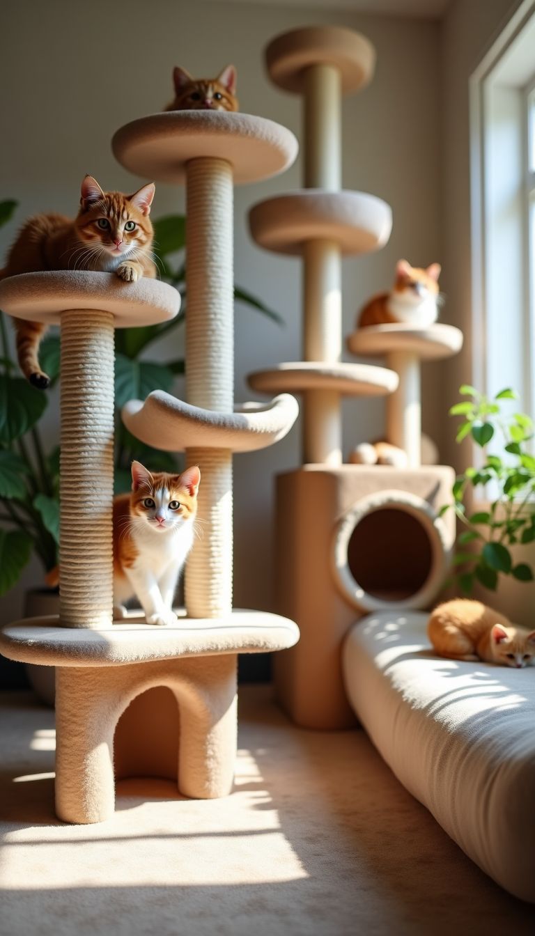 An indoor cat playground with multiple pathways and soft hammocks for comfort.