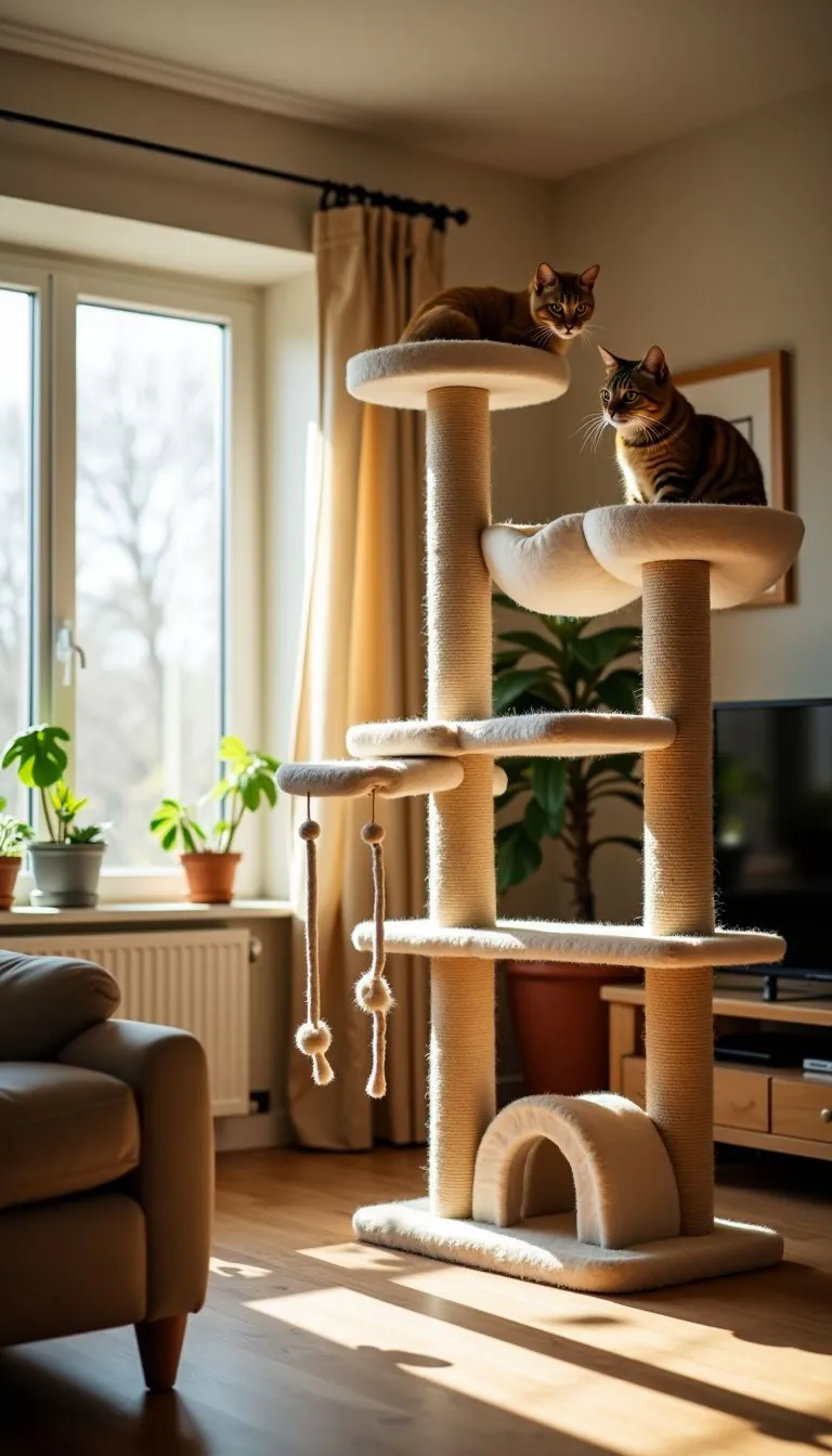 A homemade cat jungle gym in a cozy living room.