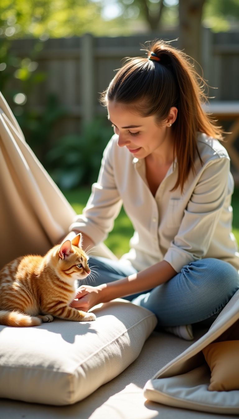 A young woman sets up a cozy hammock for her playful cat.