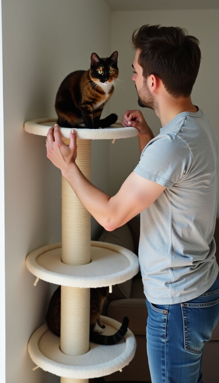 A person inspects a newly installed cat tree while their cat looks on.