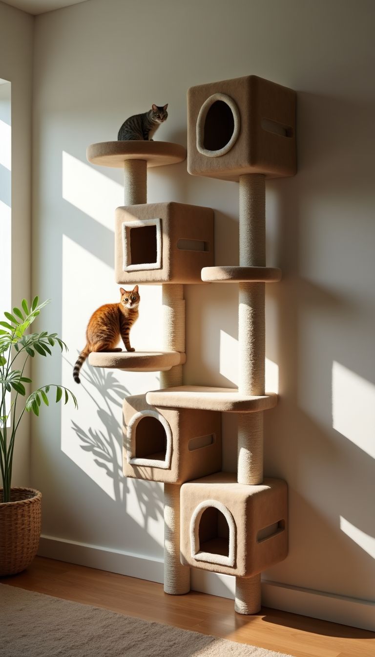 A DIY cat jungle gym mounted on a living room wall.
