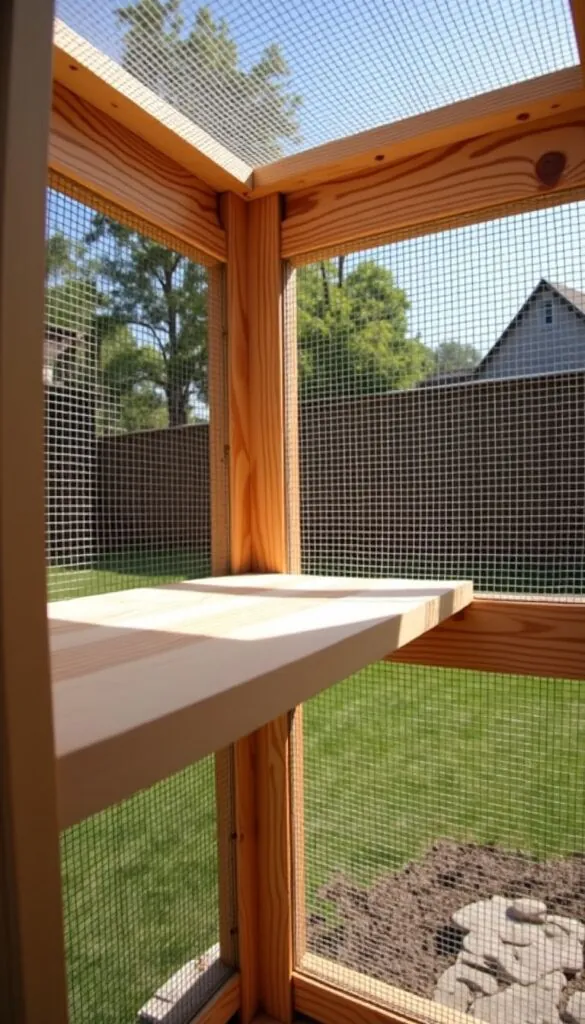 Sturdy cedar shelf in outdoor cat enclosure against backyard backdrop.