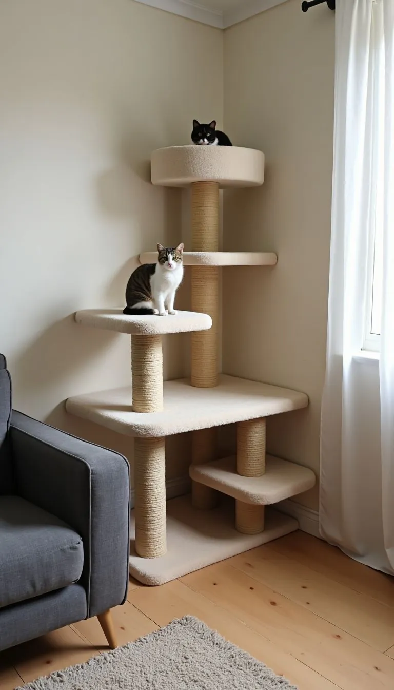 A cat playground with shelves and platforms in a cozy room.