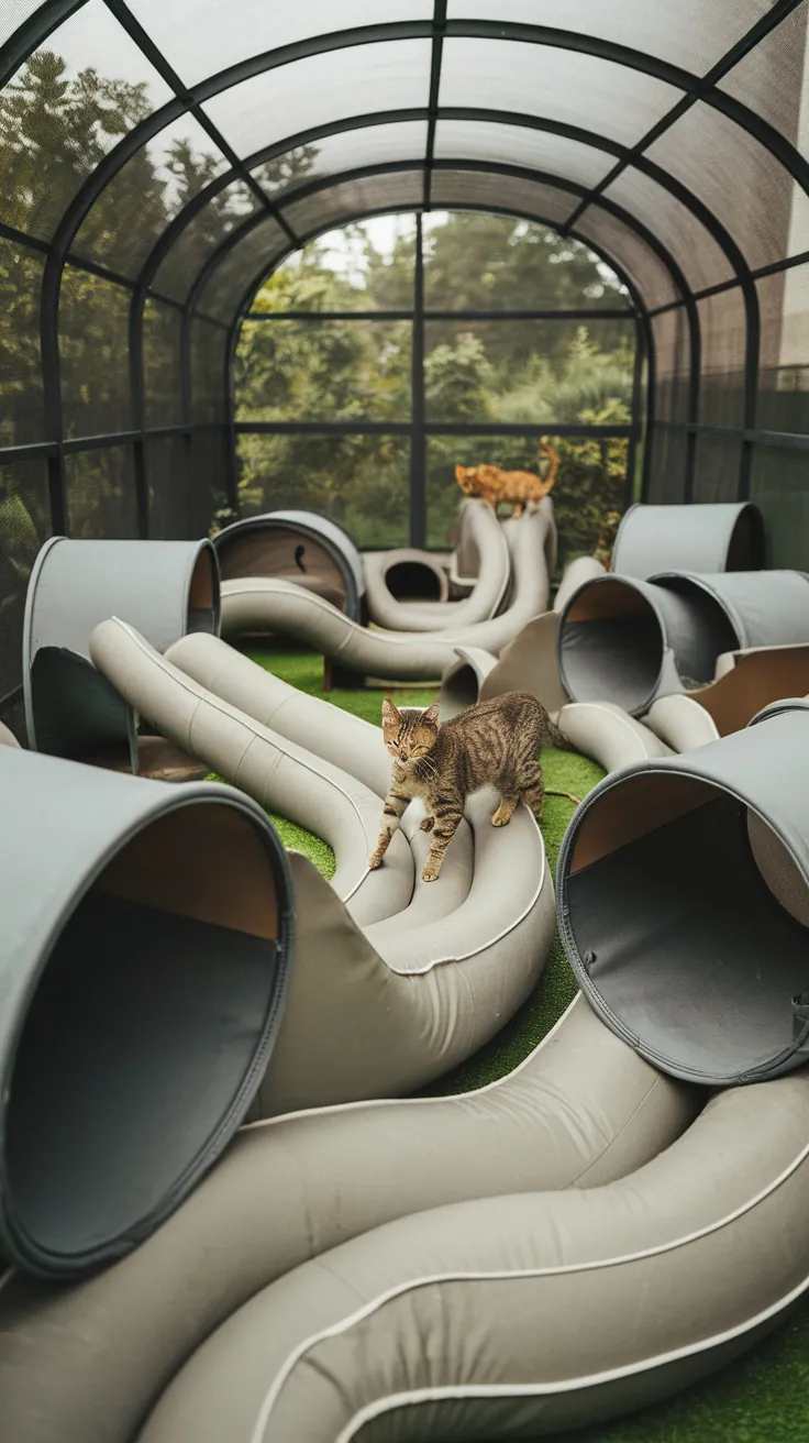 A colorful cat tunnel system with wooden ramps and multiple tunnels for cats to explore.