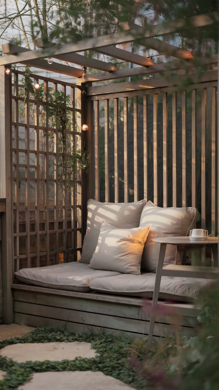A cozy reading nook with soft cushions, surrounded by plants and a view through large windows.