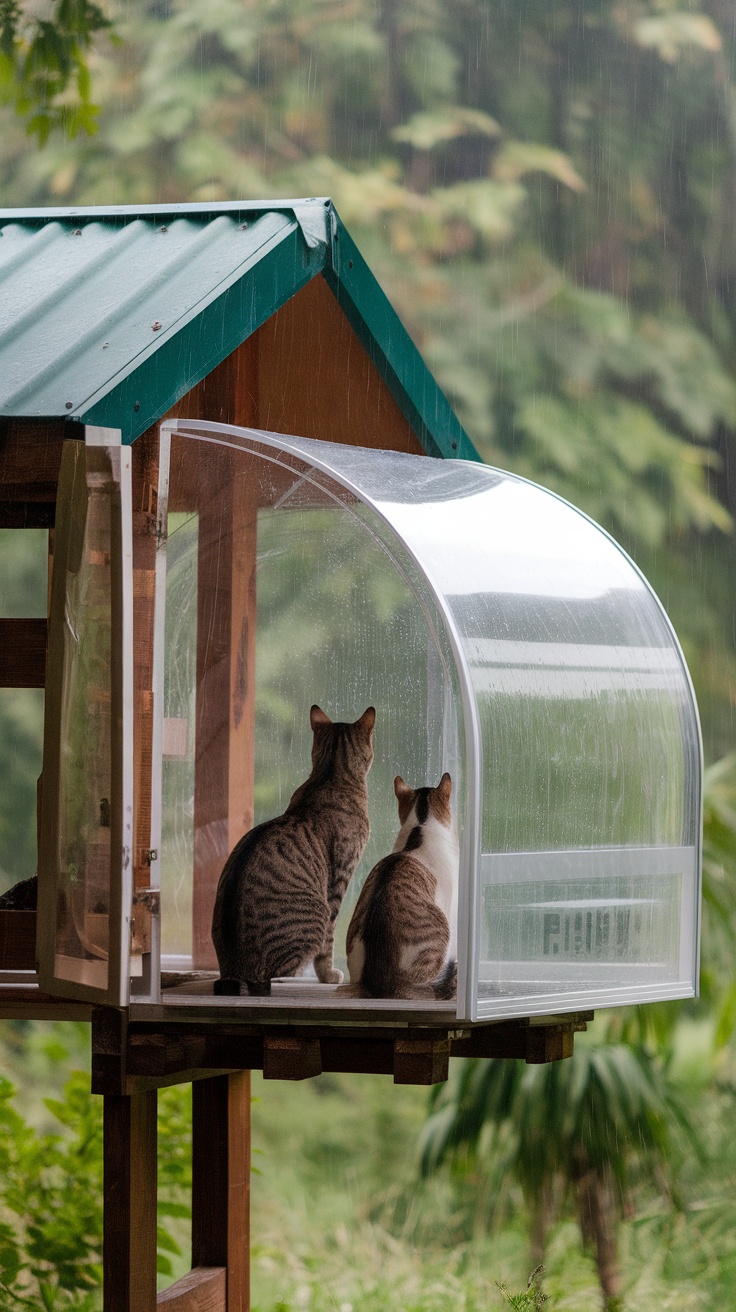 Cats sitting in a rain shelter with a viewing deck, observing the rain.