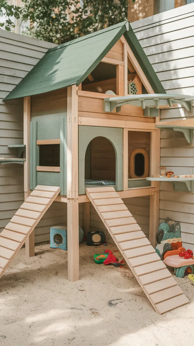 A multi-level cat playhouse made of wood, featuring ramps, platforms, and cozy hideouts for cats.
