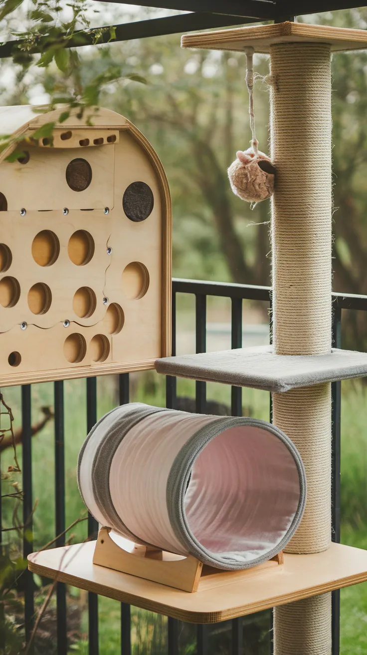 Interactive puzzle station for cats with a wooden board and a soft tunnel.