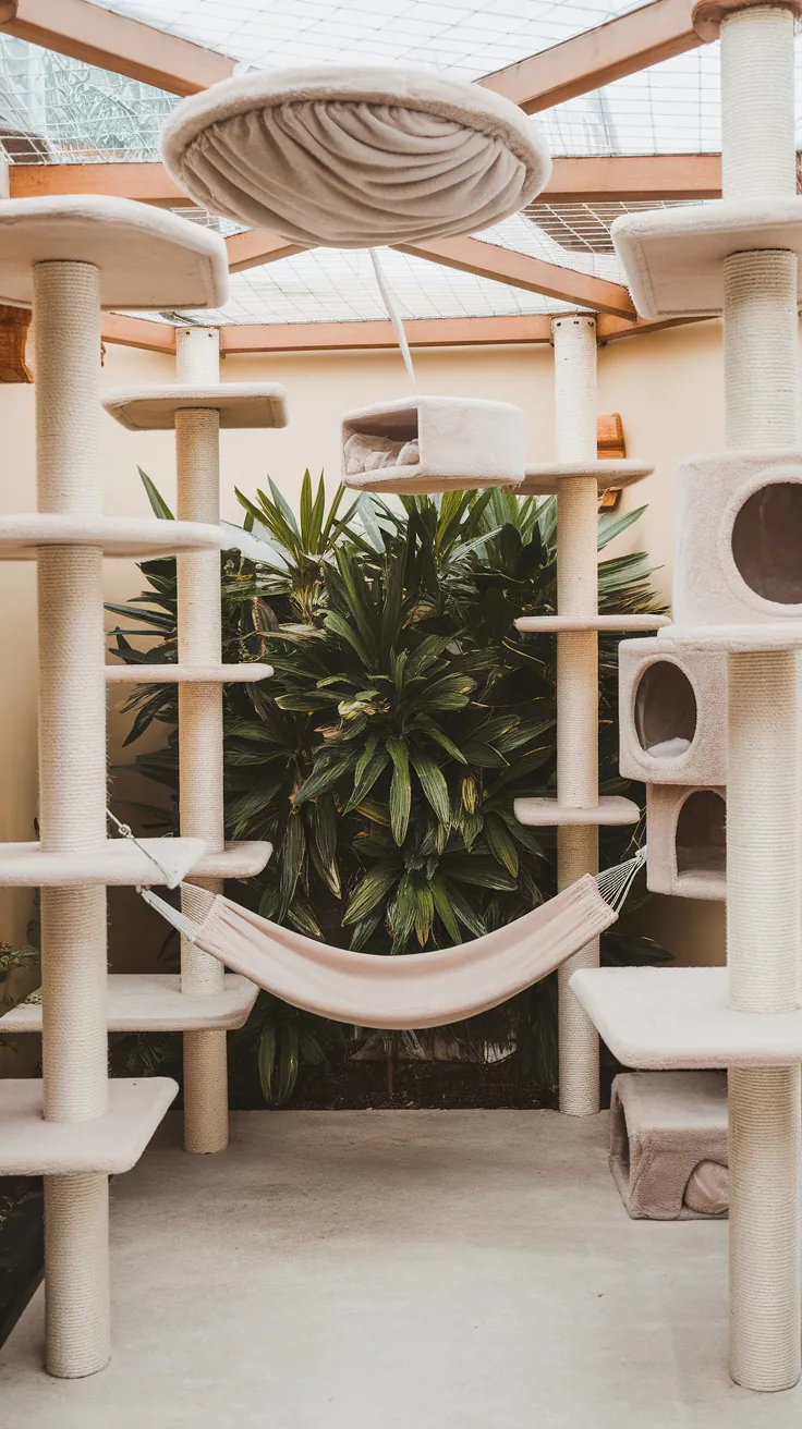 Catio featuring cat trees, perches, and a hammock surrounded by plants