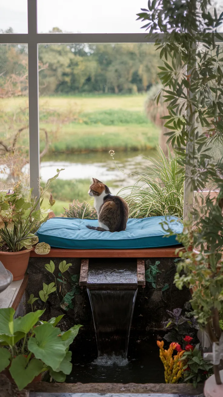Two cats lounging on a cushion in a cozy window box, surrounded by greenery.