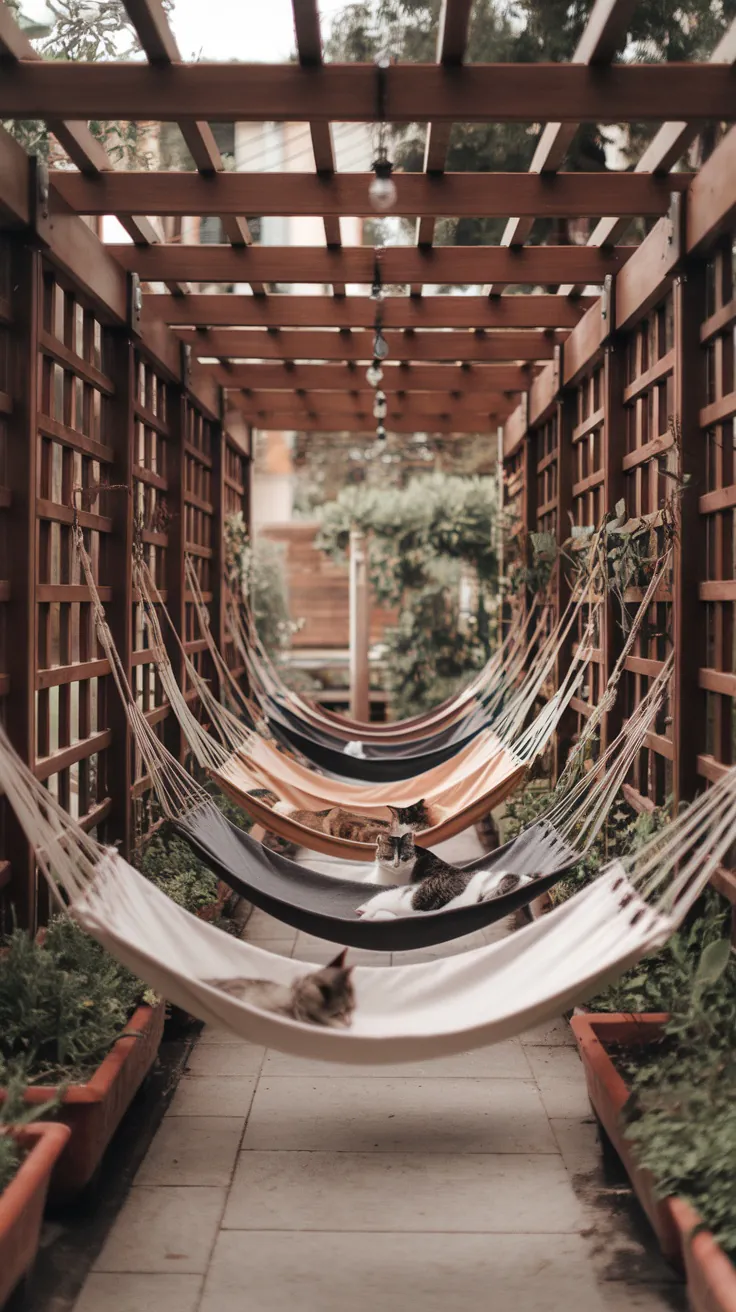 A catio featuring multiple hammocks filled with lounging cats.