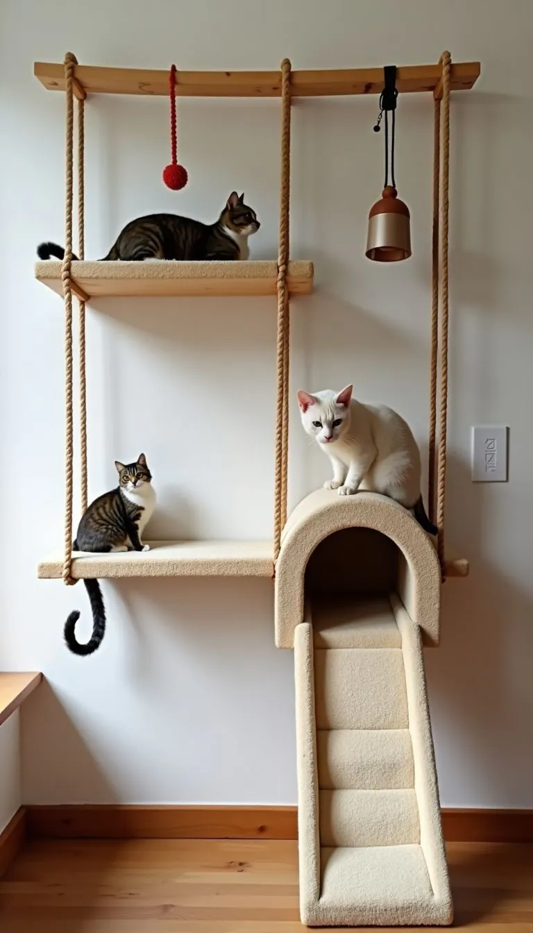 A wall-mounted cat playground with hanging bridge, tunnel, and toys.