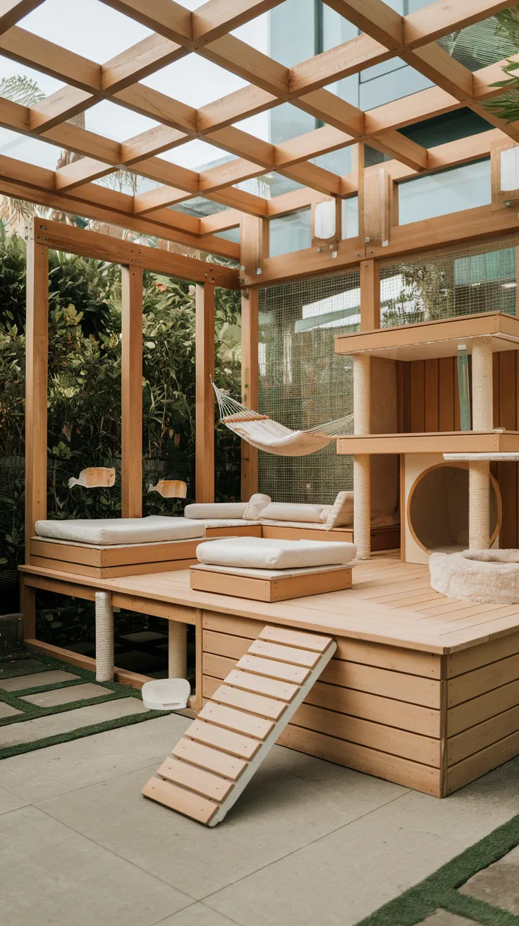 Outdoor catio featuring wooden platforms for cats to lounge and sunbathe.