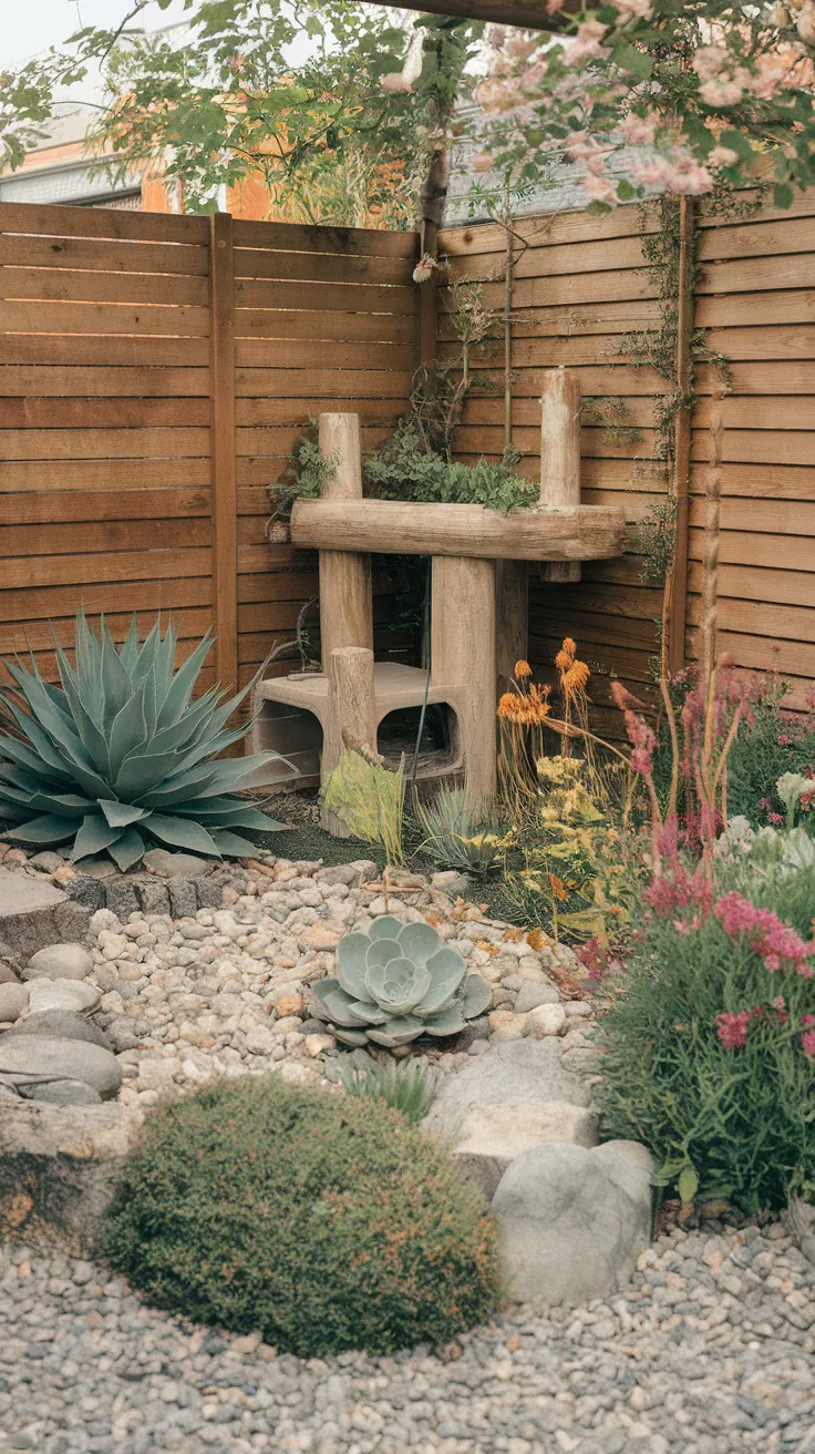 A cozy enclosed cat garden with wooden structures and colorful plants.