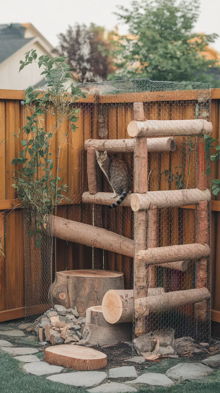 A nature-themed catio featuring wooden climbing structures, plants, and stones.