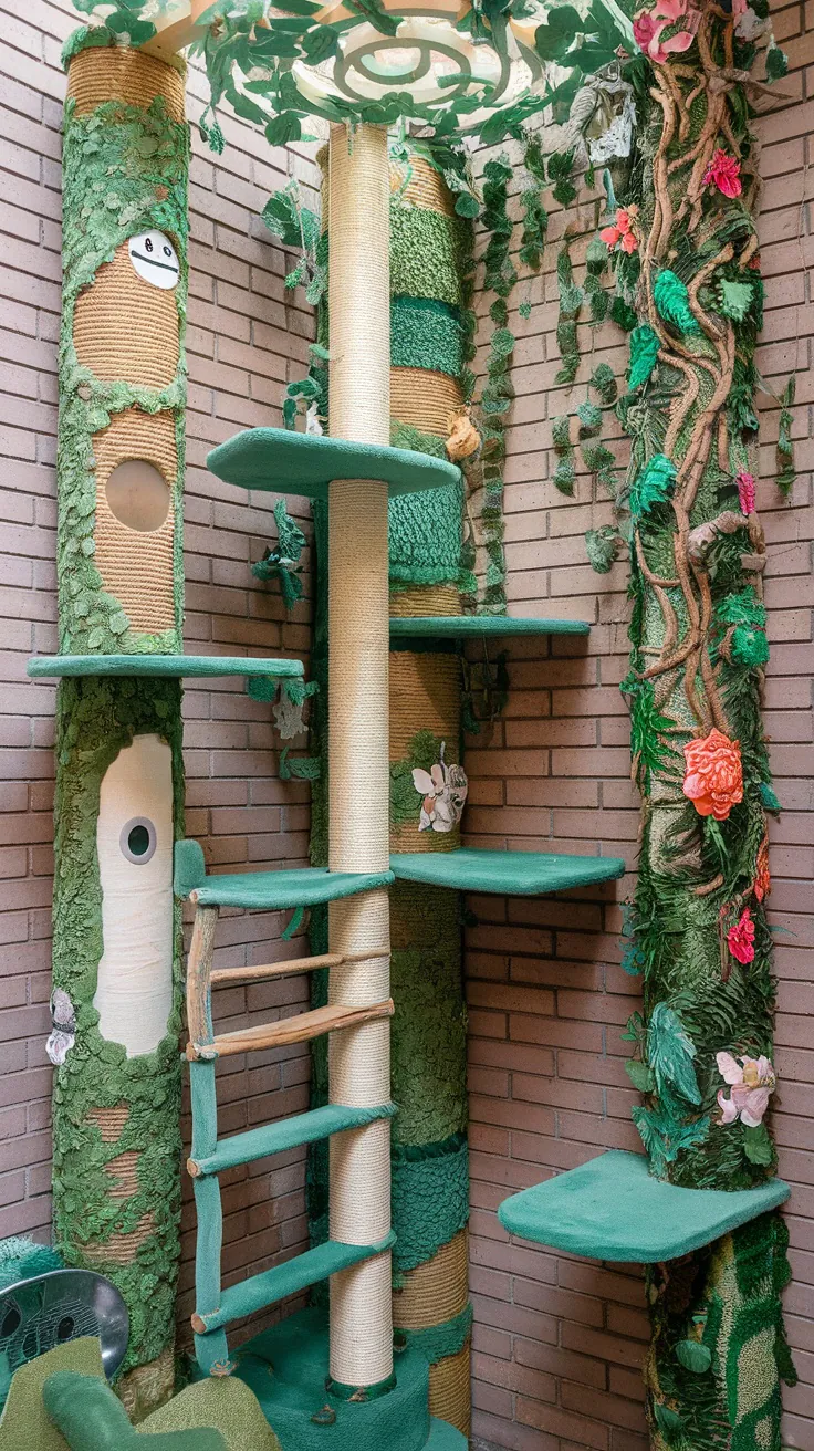 A vertical jungle themed catio with climbing posts, shelves, and greenery.