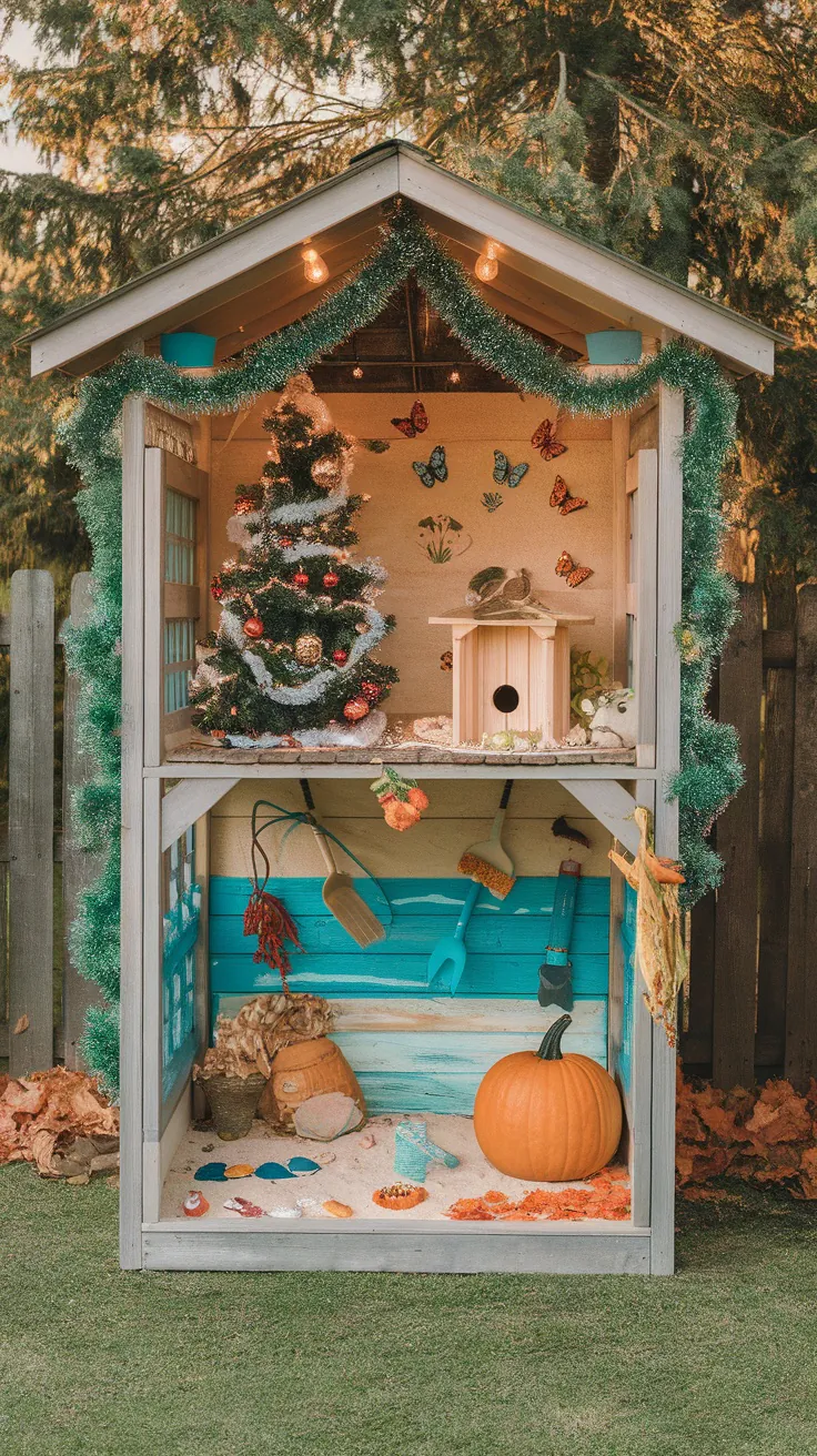 A decorated catio with a Christmas tree, pumpkin, and colorful seasonal decor.