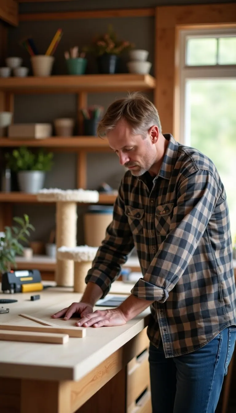 A man in his 40s is crafting a custom cat wall playground in his cozy home workshop.