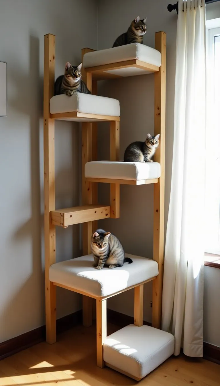 A wooden cat wall playground with multiple platforms for climbing and resting.