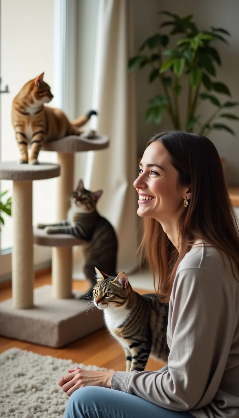 A woman watches her playful cats on a DIY cat wall.