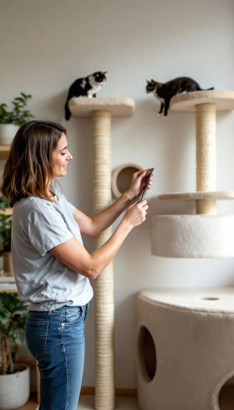 A woman is securing a ramp for her cat on a wall.